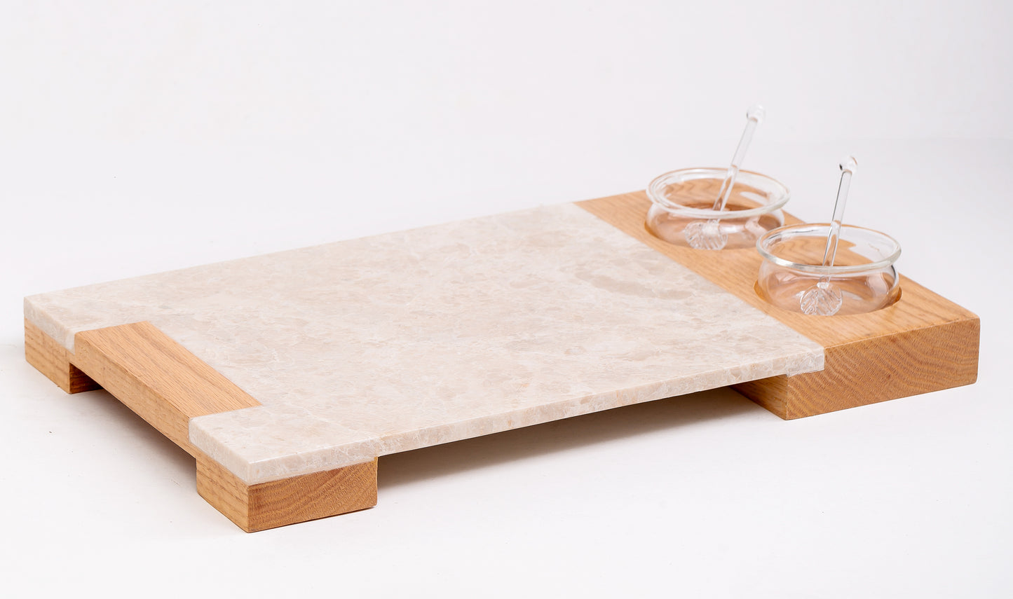 Service Tray Marble with Sause Cup Holder Wood