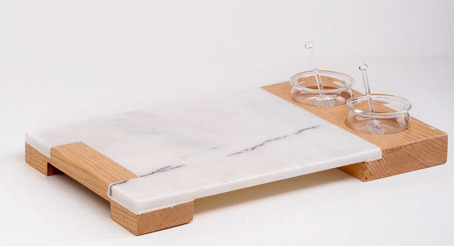 Service Tray Marble with Sause Cup Holder Wood