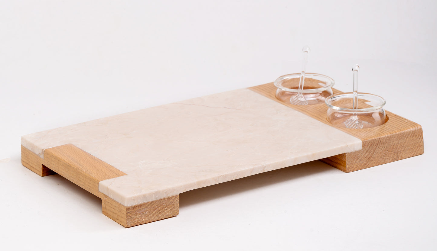 Service Tray Marble with Sause Cup Holder Wood