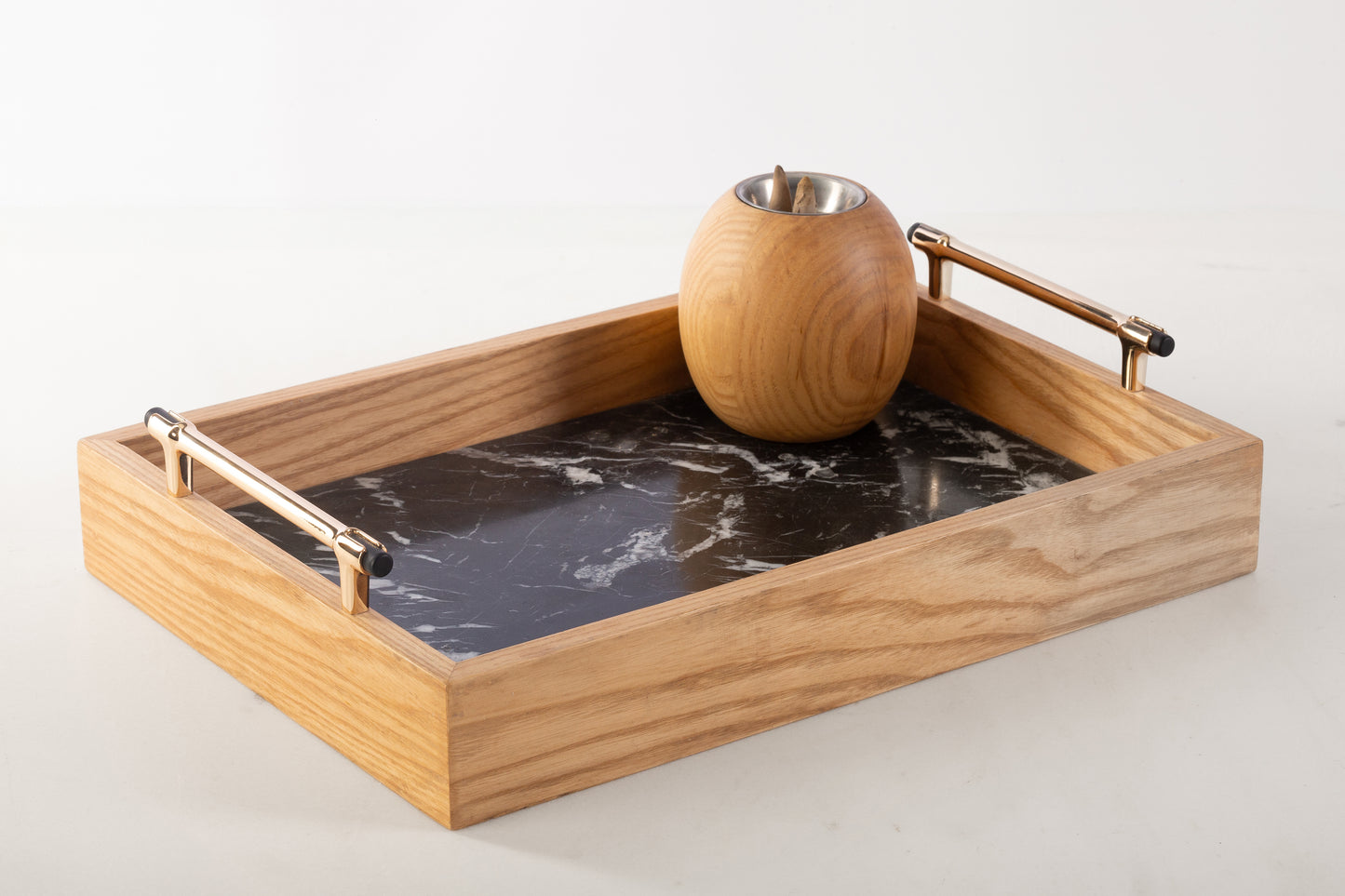 Wood Tray With black Spanish Marble + Stainless Handle